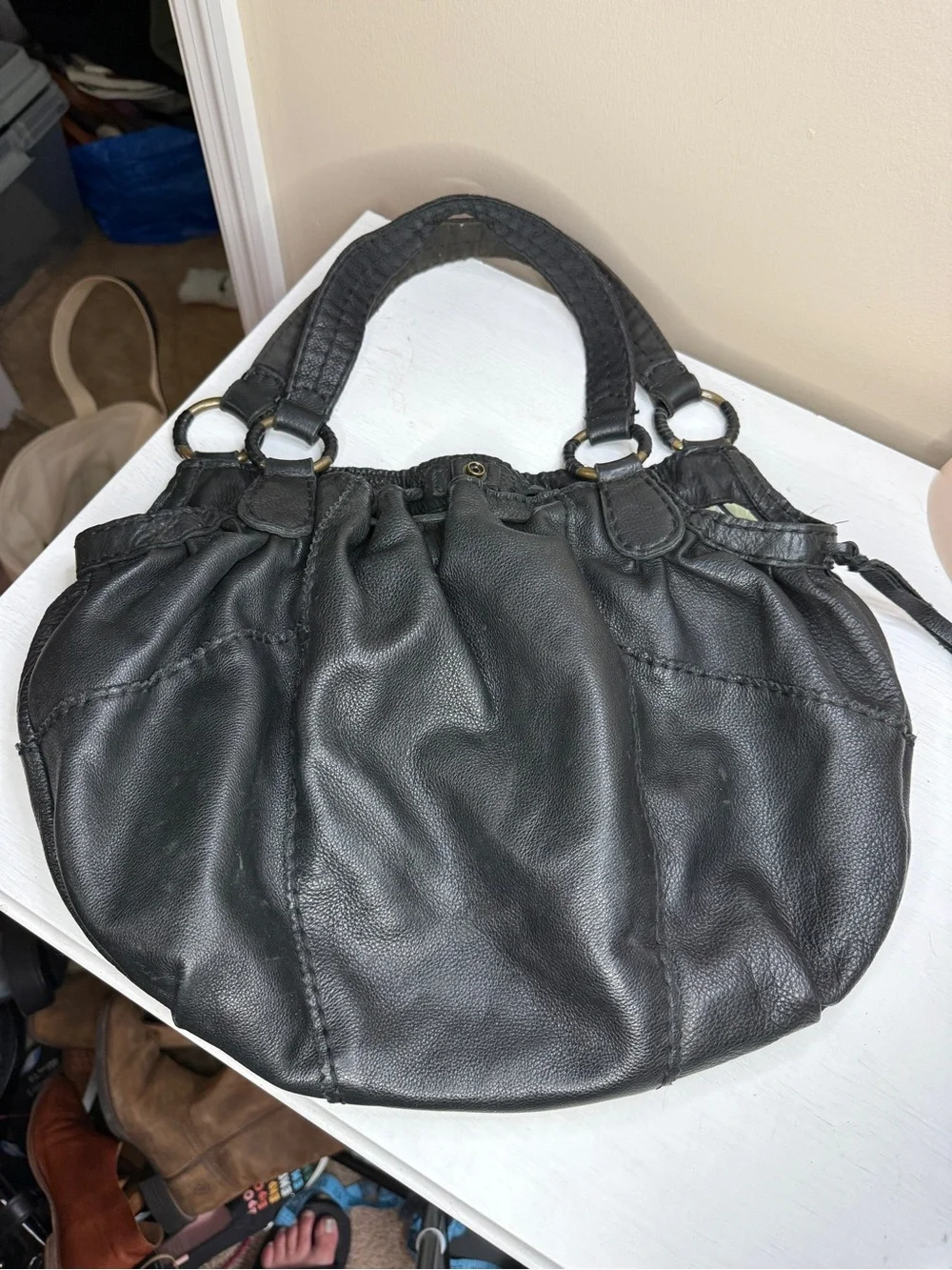 Lucky Brand Y2K Black Leather Drawstring Flower Hippie Hobo bag